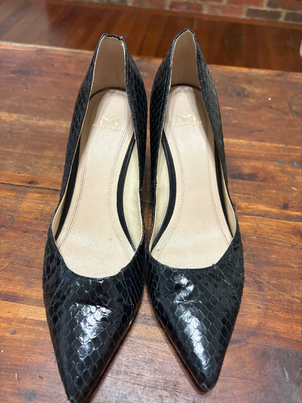 Marc Fisher LTD Zala Black Block Heel Snakeskin Leather Pumps Size 7.5M